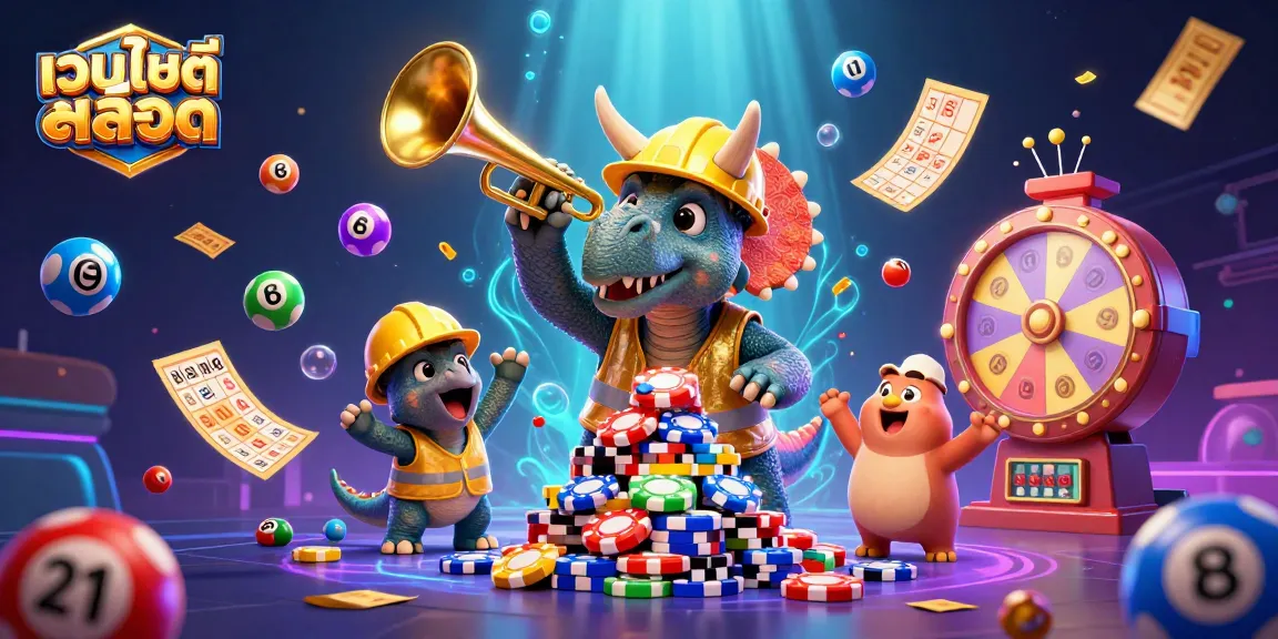 Engage with เว็บไซต์สล็อต as a vibrant scene unfolds with cheerful dinosaur characters building a poker chip pyramid amidst dynamic lottery game elements.