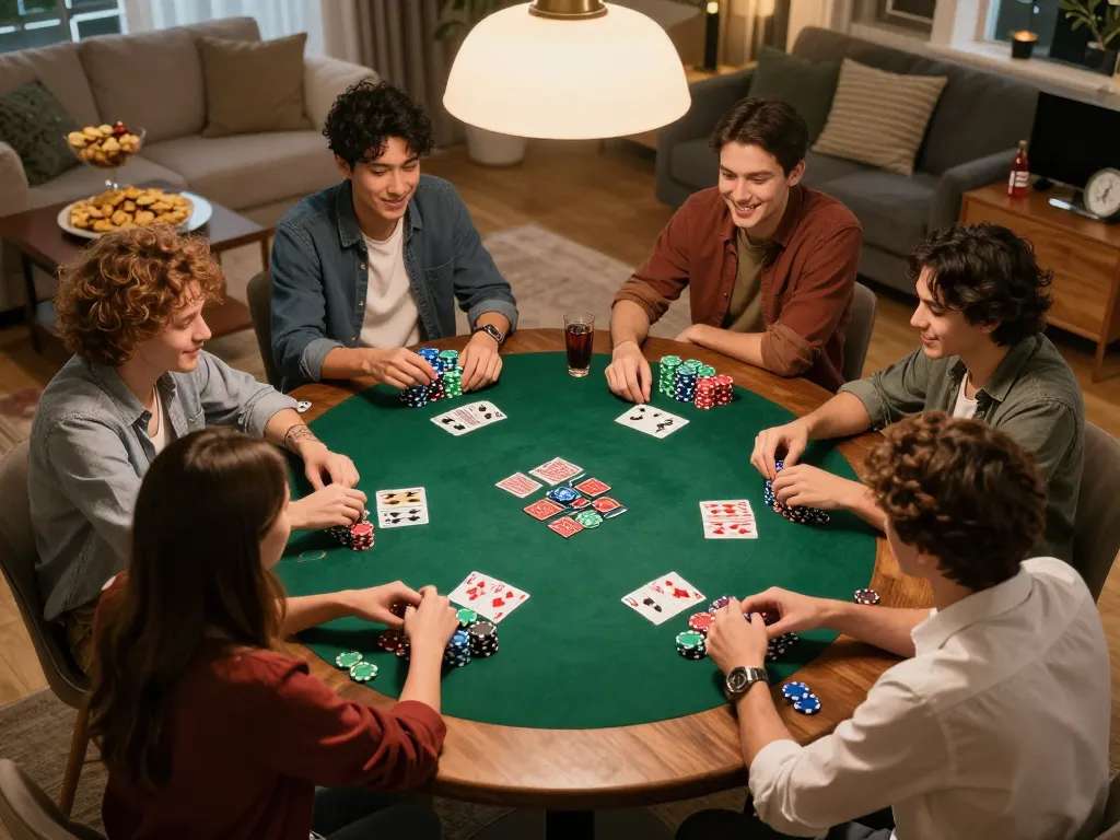 Group of friends enjoying a poker game at home with chips and cards, highlighting 包网 entertainment.