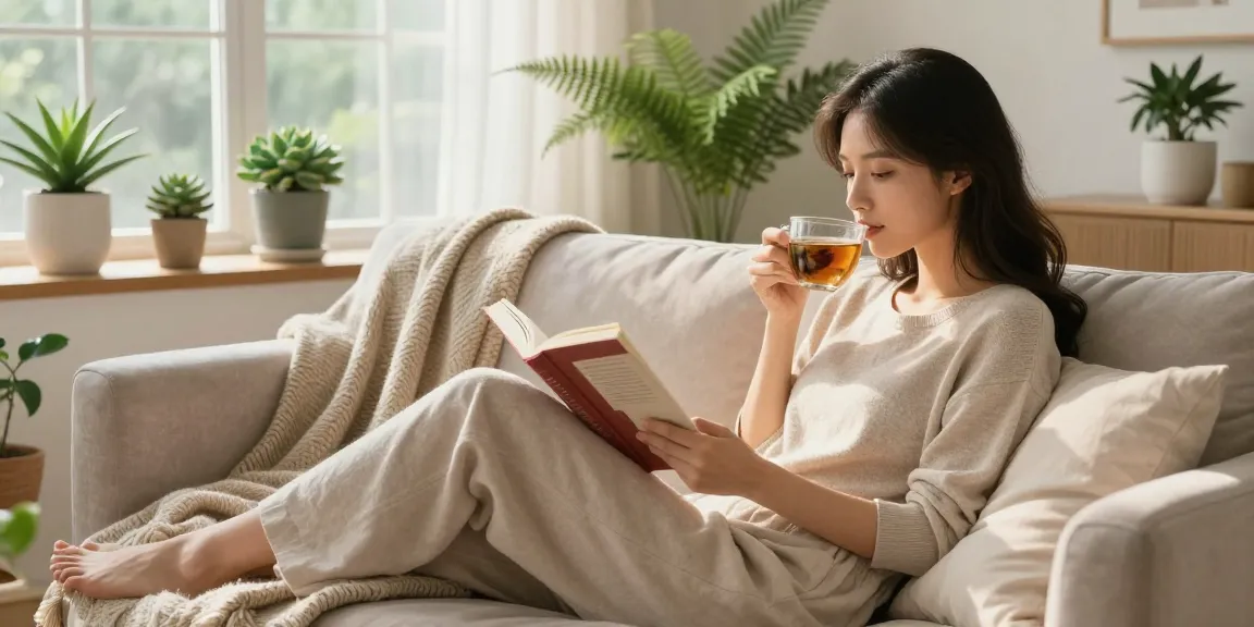 A cozy living room scene where a woman finds out more about self-care while reading a book and sipping tea.