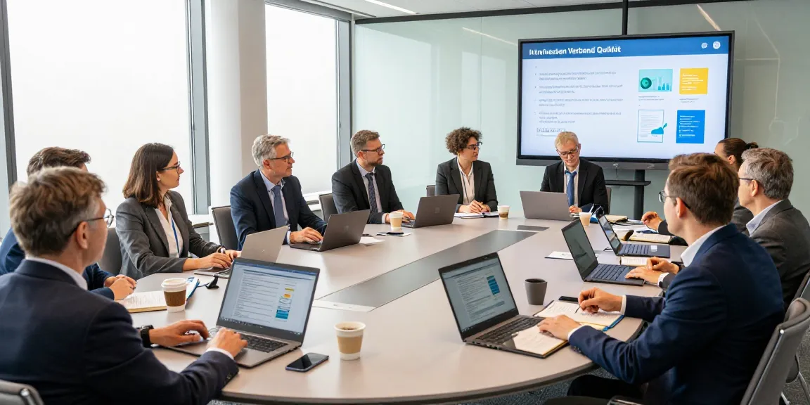 Representatives discussing Interessen Verband Qualität at a professional meeting focused on quality standards in a modern conference room.