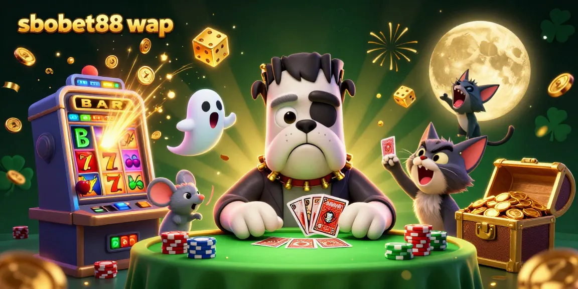 Engage in thrilling sbobet88 wap card games with a whimsical Frankenstein bulldog dealer amidst dynamic casino elements.