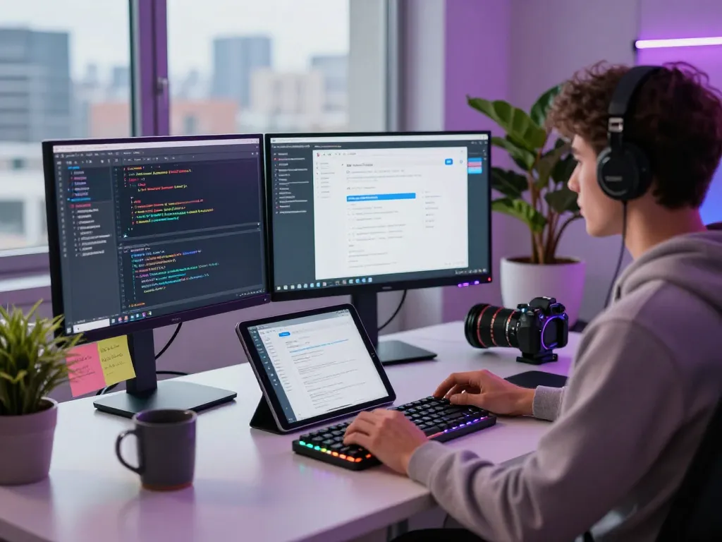 Dynamic software workspace featuring a developer using moltbot ai to enhance productivity and collaboration.