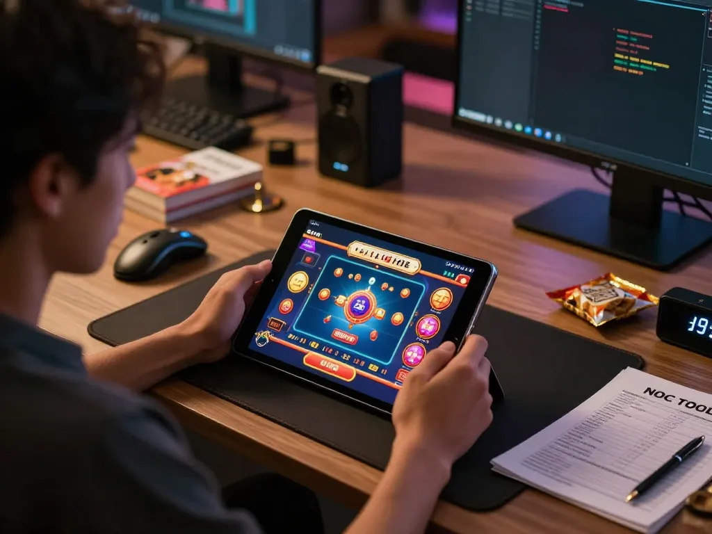 Engaged player focused on Go99 casino app on tablet during online gaming experience at home.