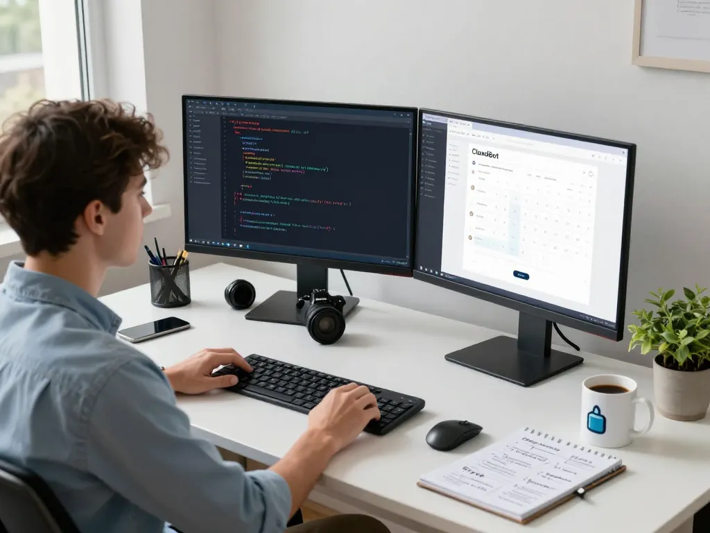 Dynamic workspace featuring ClawdBot AI managing tasks on dual screens with a young professional, illustrating tech efficiency.