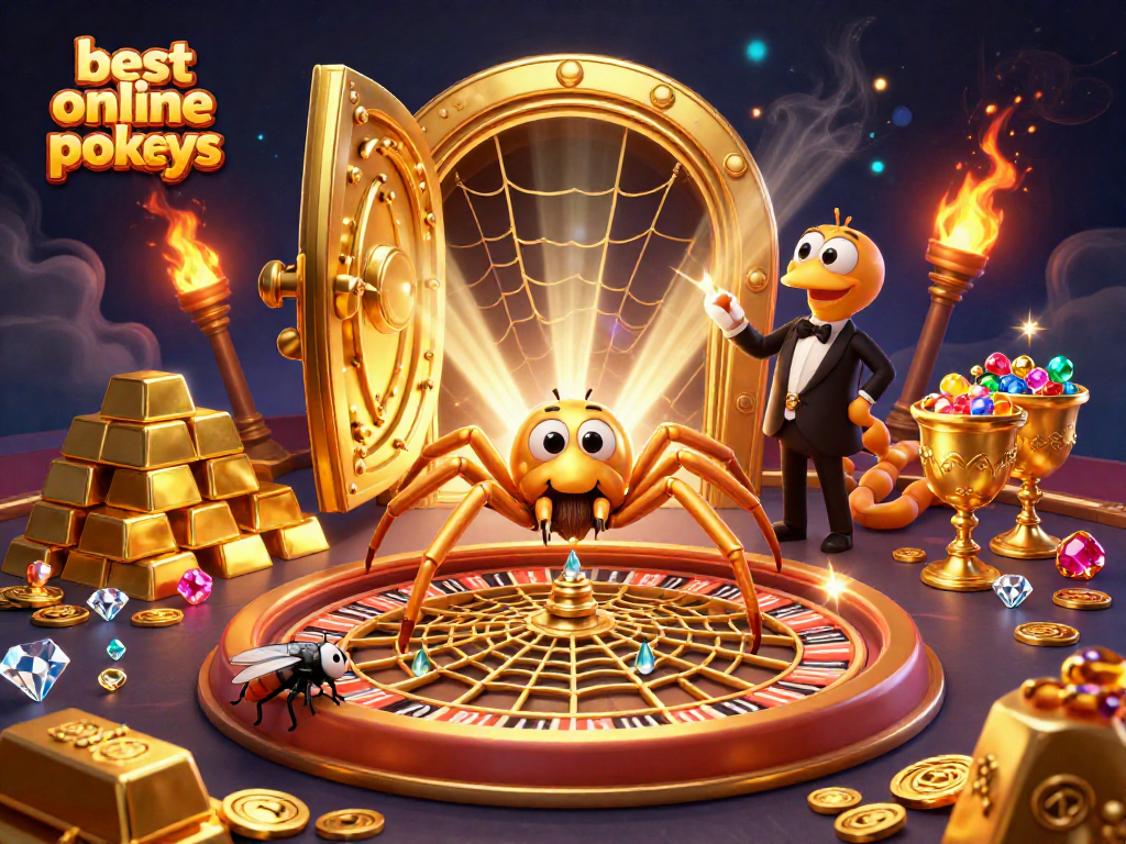 Bet on the best online pokies with an engaging illustration of cartoon characters amidst golden treasures.