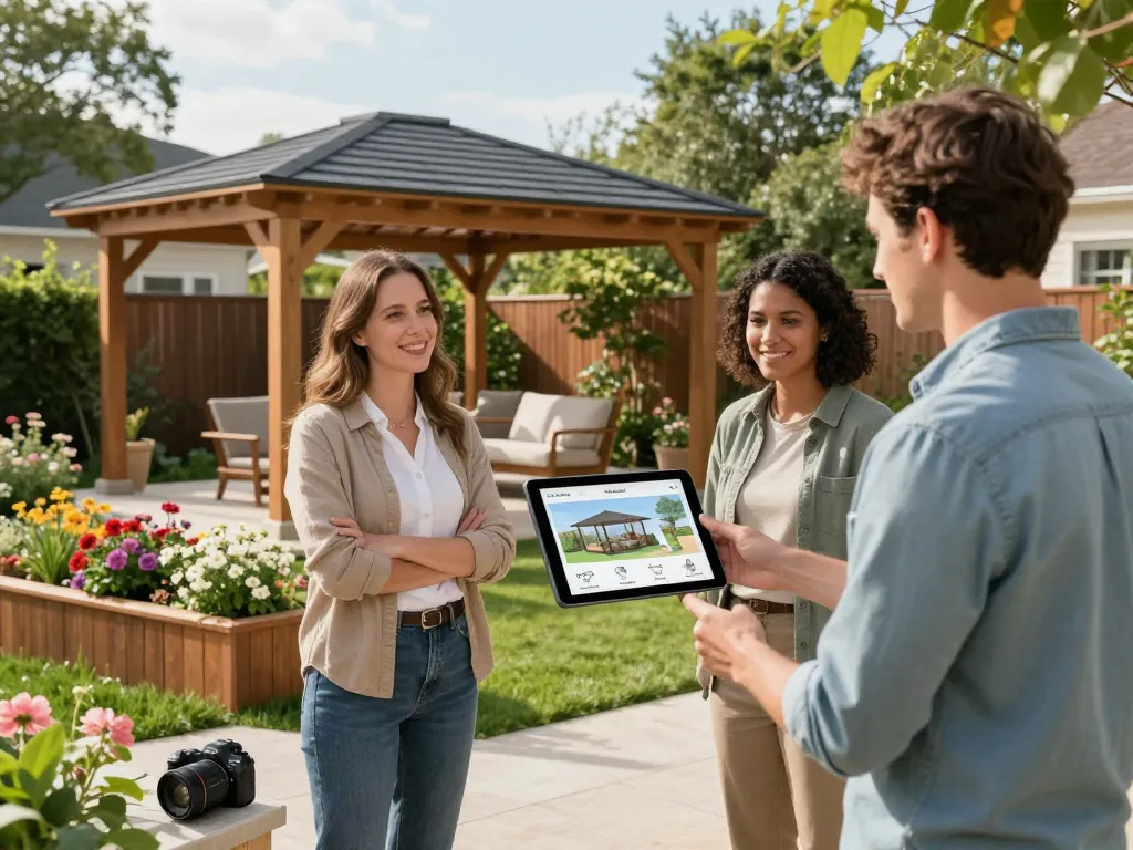 Couple interacting with the All-in-One pergola Configurator in a lush outdoor setting.