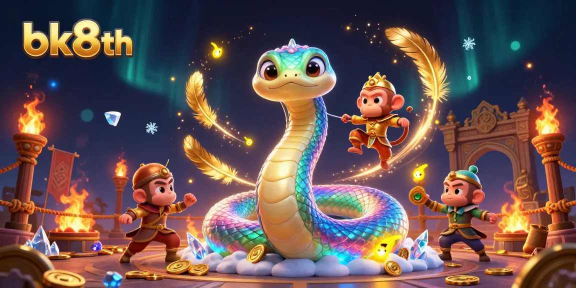 Engage with bk8th's vibrant casino scene, featuring a dynamic rainbow serpent and monkey king amidst magical effects.