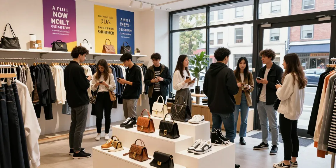 Shoppers exploring stylish 레플리카 fashion items in a vibrant urban store environment.