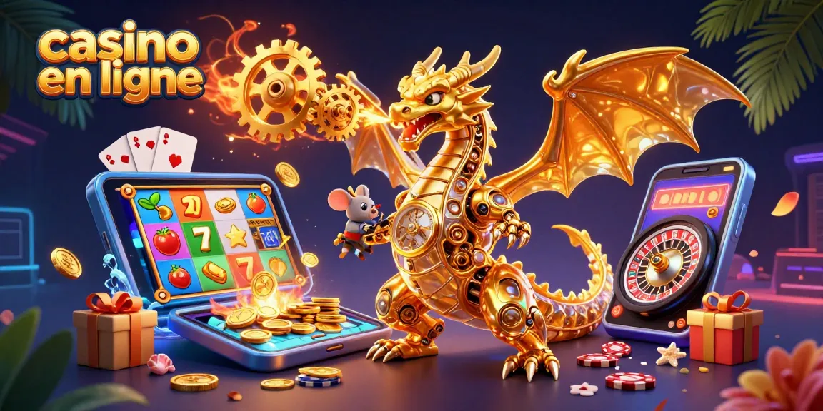 Expérimentez l'excitation du casino en ligne avec un dragon en or et des éléments de jeu animés.