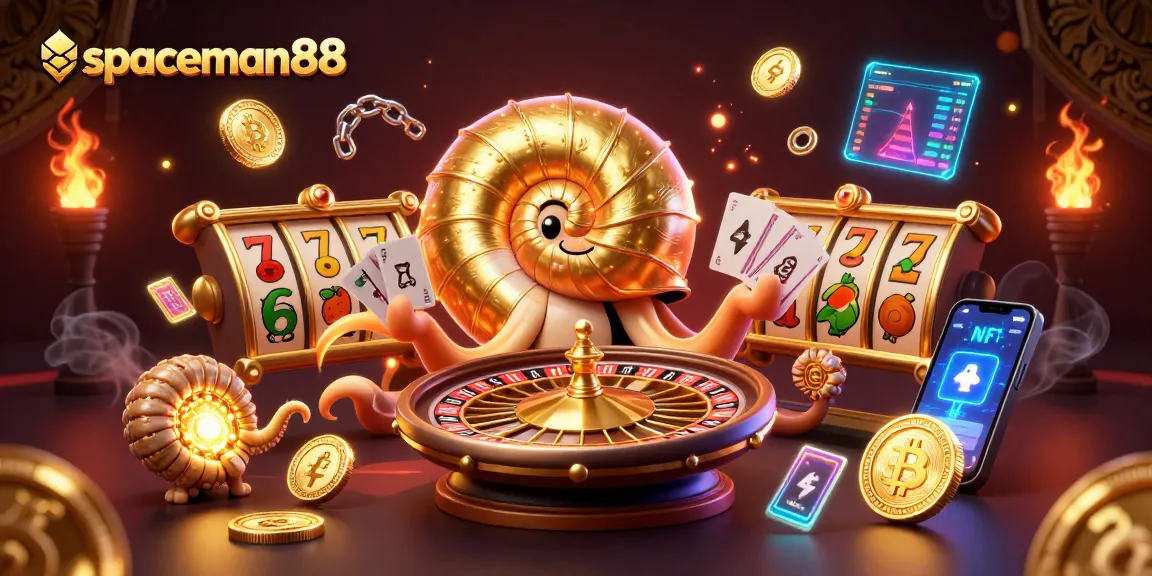 Engage with spaceman88's vibrant 3D illustration featuring dynamic slots and cryptocurrency elements.