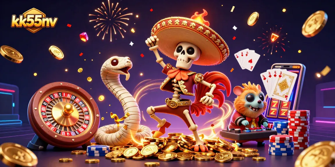 kk55nv's thrilling casino scene featuring a vibrant, dancing mariachi rooster on gold coins.