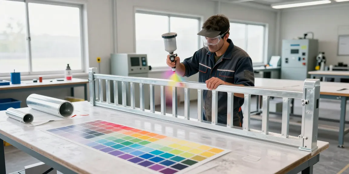 Technicians applying powder coating on cast aluminum gates in a professional workshop setting, illustrating the precision of metal fabrication.