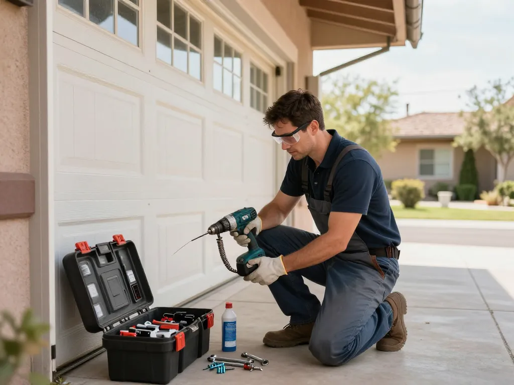 Expert technician performing garage door repair in Cave Creek AZ with tools and residential backdrop.