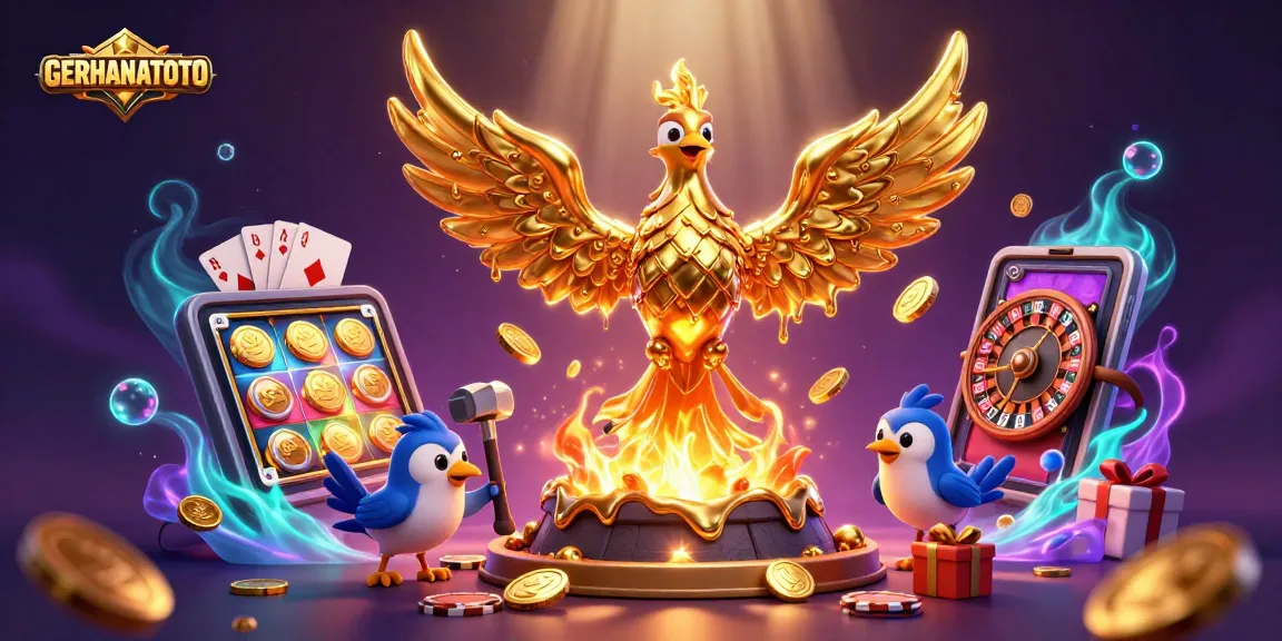 GERHANATOTO menampilkan ilustrasi kasino 3D yang kaya detail dengan phoenix emas dan elemen permainan