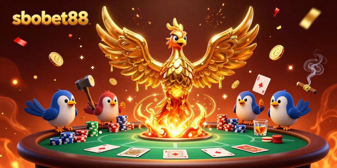 Experience sbobet88 with a golden phoenix rising, poker tables, and vibrant casino elements.