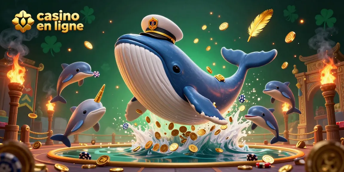 Profitez d'un impressionnant casino en ligne avec une baleine géante et des dauphins dans un océan de pièces d'or.