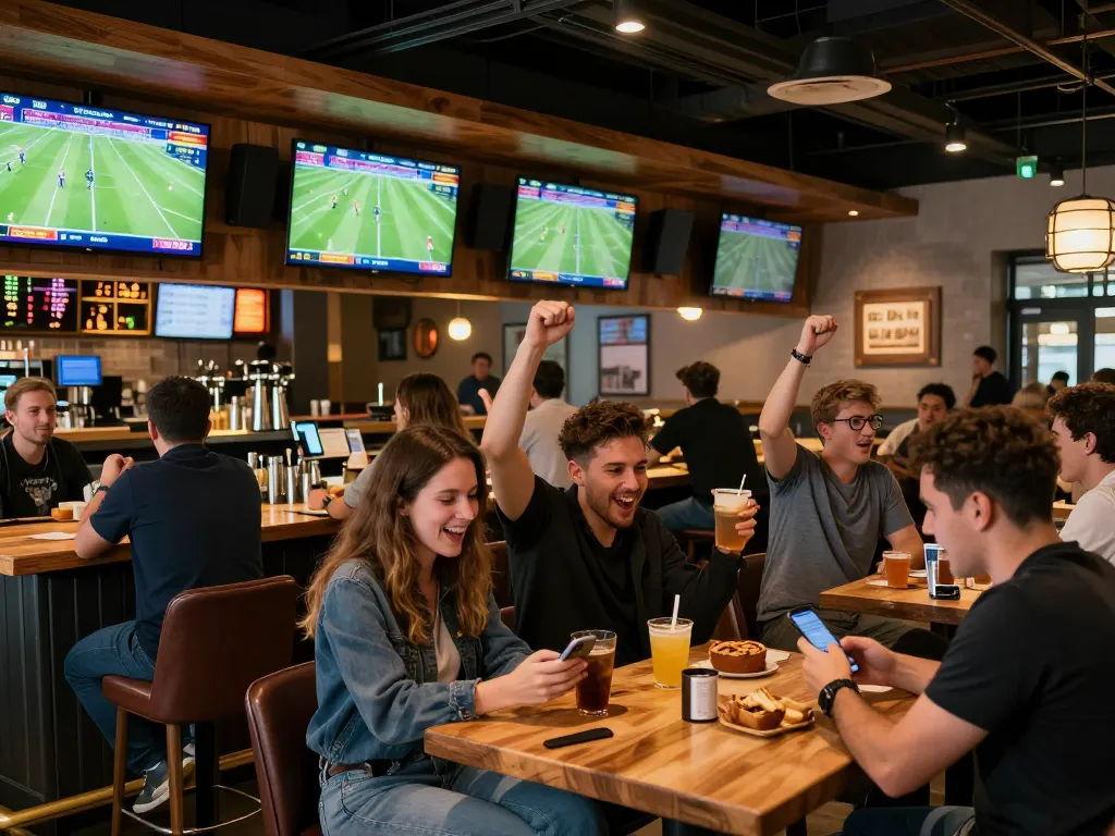 Bongdalu users engaging in sports betting at a lively venue with live match displays.