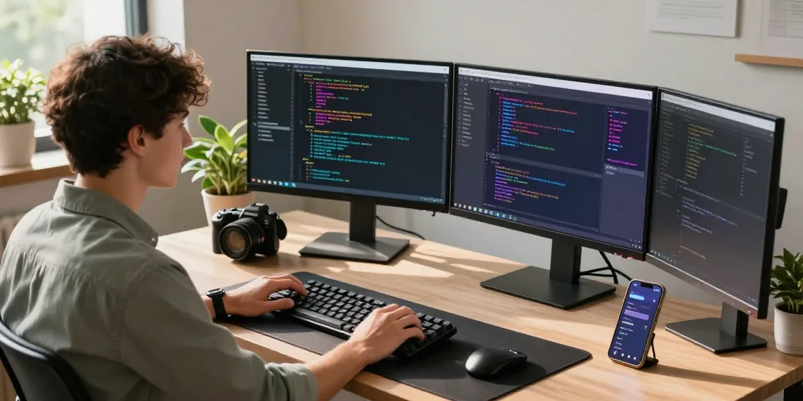 Developer coding on multiple screens in a modern workspace for 纸飞机中文版官网 with vibrant interface design and natural light.