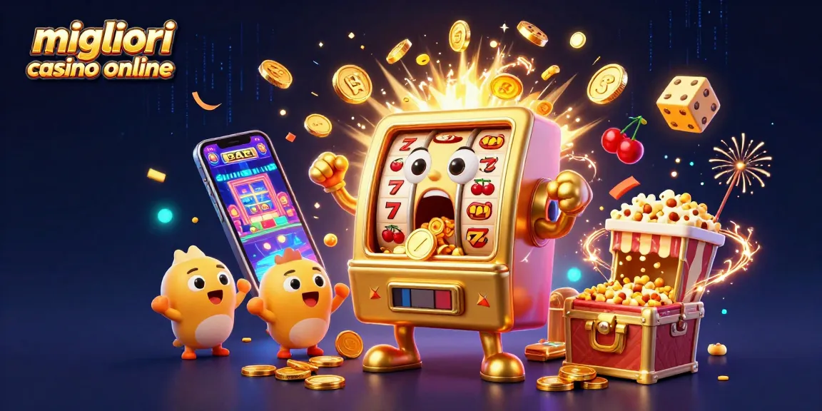 I migliori casino online celebrano vincite sorprendenti con una slot machine dorata e divertente mentre i gettoni d'oro volano ovunque.