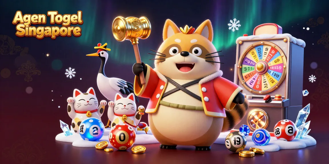 Agen Togel Singapore showcases vibrant lottery balls and a prize wheel in a festive 3D scene.