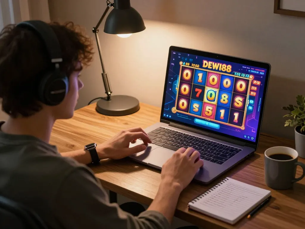 Pemain menikmati permainan slot DEWI88 di laptop, menampilkan grafik yang cerah dan permainan yang menarik