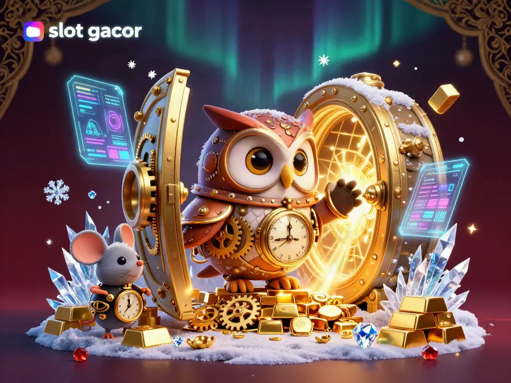 Experience luck with slot gacor as an owl and mouse celebrate wins among treasures of gold and gems.