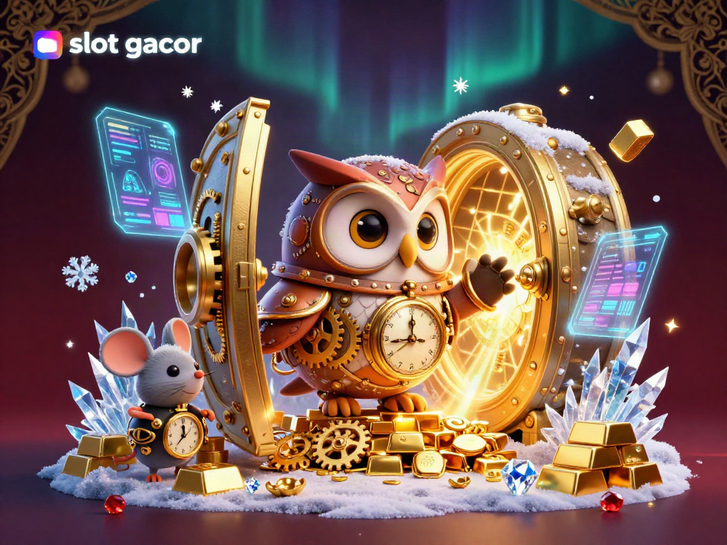 Experience luck with slot gacor as an owl and mouse celebrate wins among treasures of gold and gems.