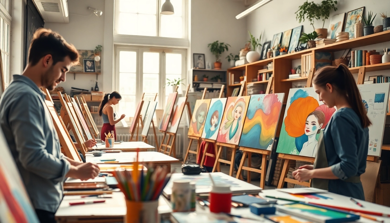 Artists collaborating in vibrant workspace at https://bestdesignersintheworld.com/, showcasing creativity.