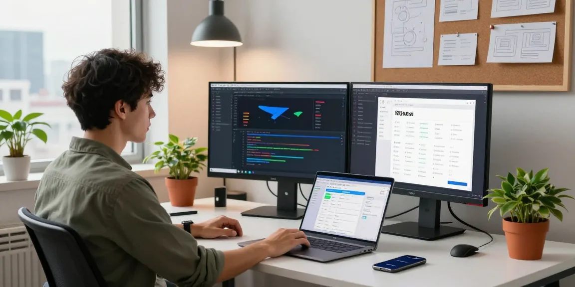 Developer utilizing the 纸飞机官网 for app creation in a modern tech workspace