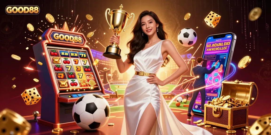 Win big with GOOD88 in this vibrant casino scene showcasing a confident winner and various gaming elements.