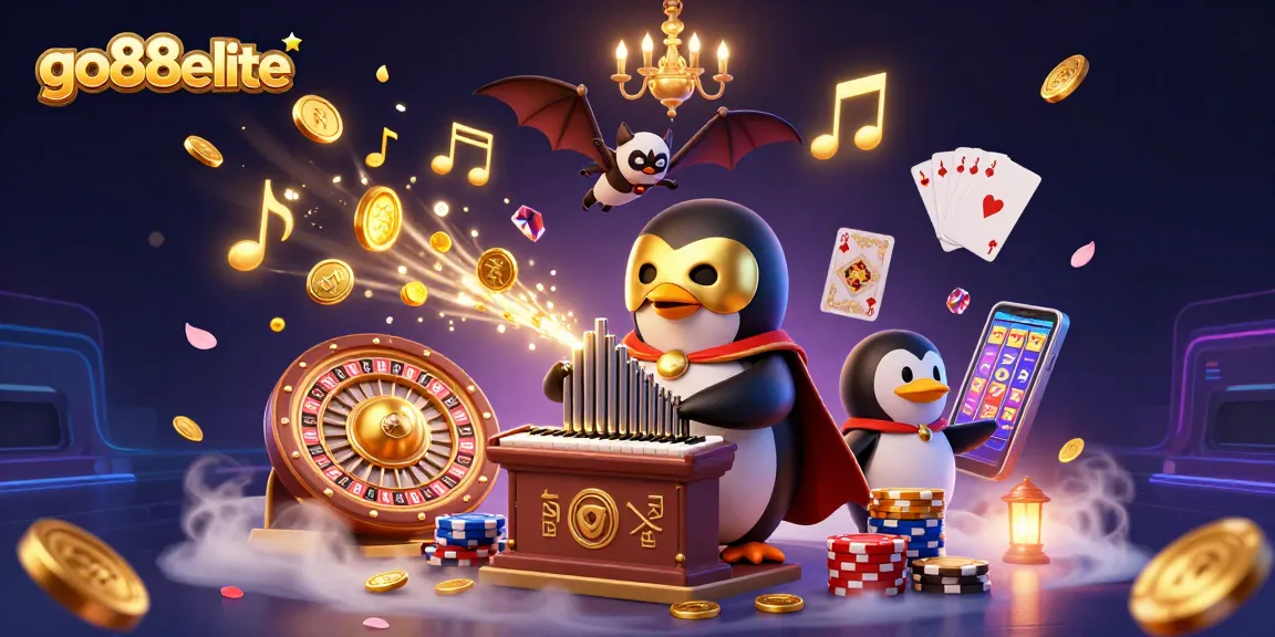Experience thrilling rewards with go88elite as golden coins cascade from a cartoon penguin's organ in a vibrant casino scene.
