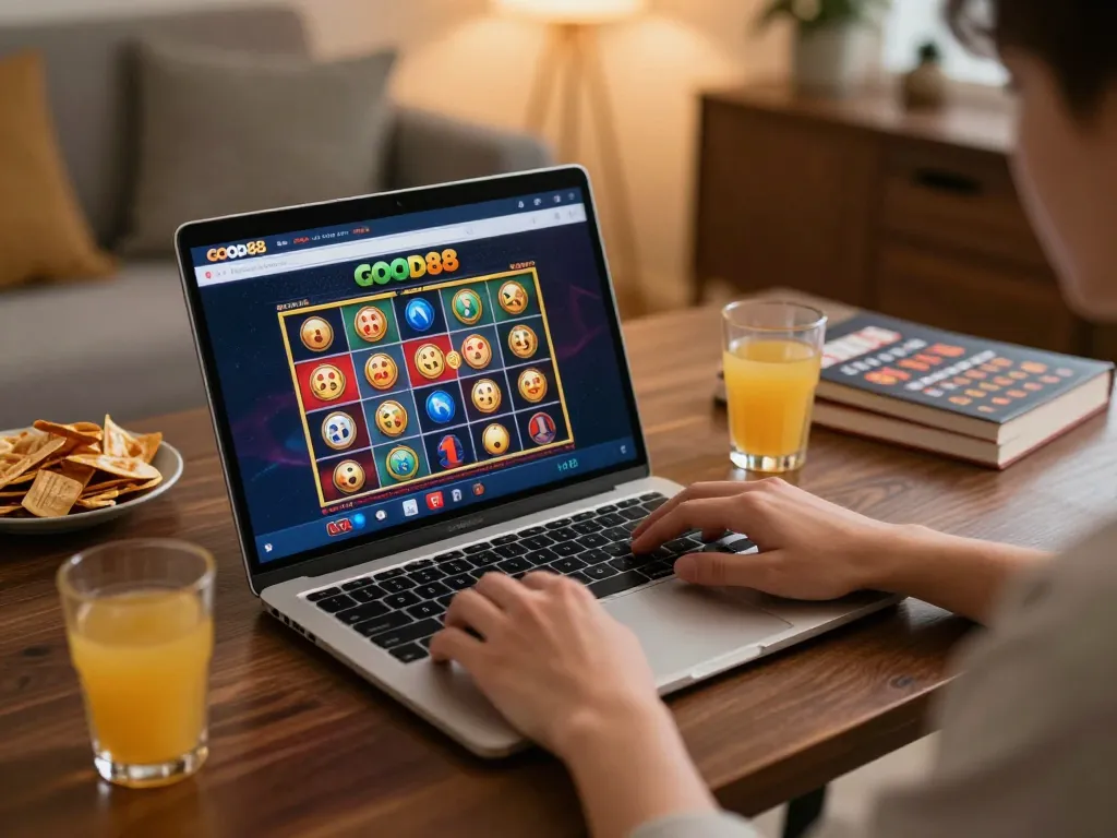 Experience online gaming with GOOD88 on a laptop, showcasing vibrant slot games in a cozy home.