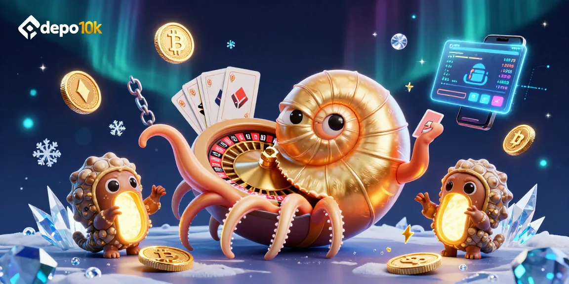 Spin the reels at depo 10k and win big with exciting casino action featuring glowing crypto elements and vibrant game icons.