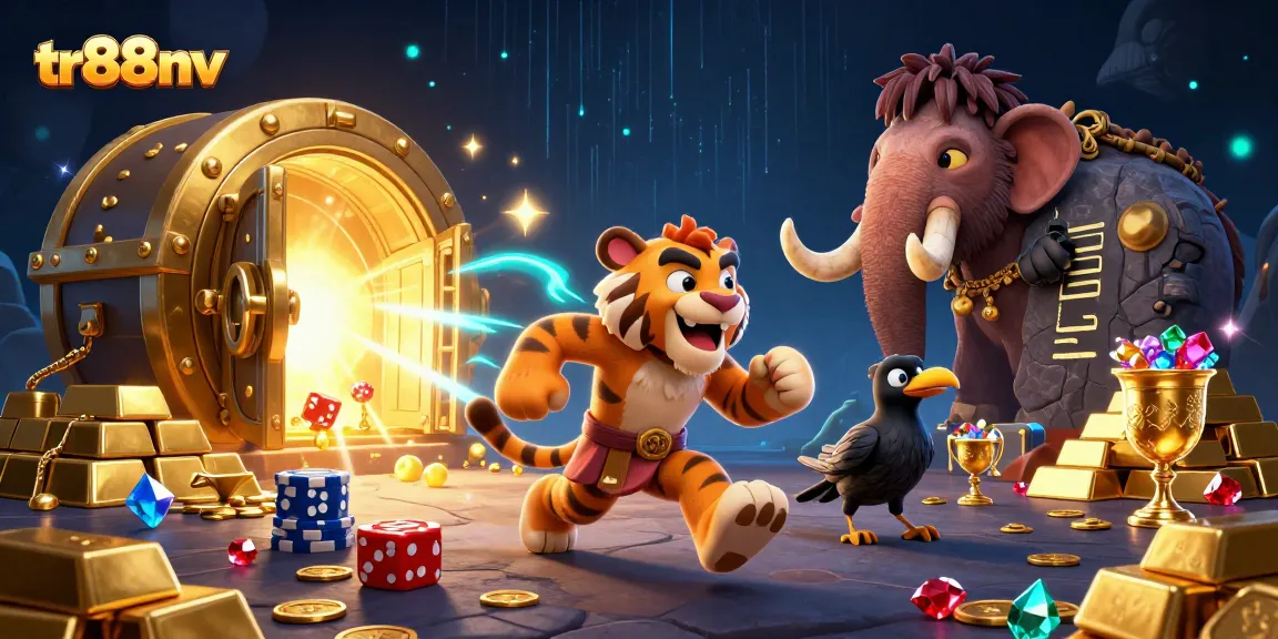 tr88nv casino features a cartoon caveman and tiger duo amidst gold coins and treasure.