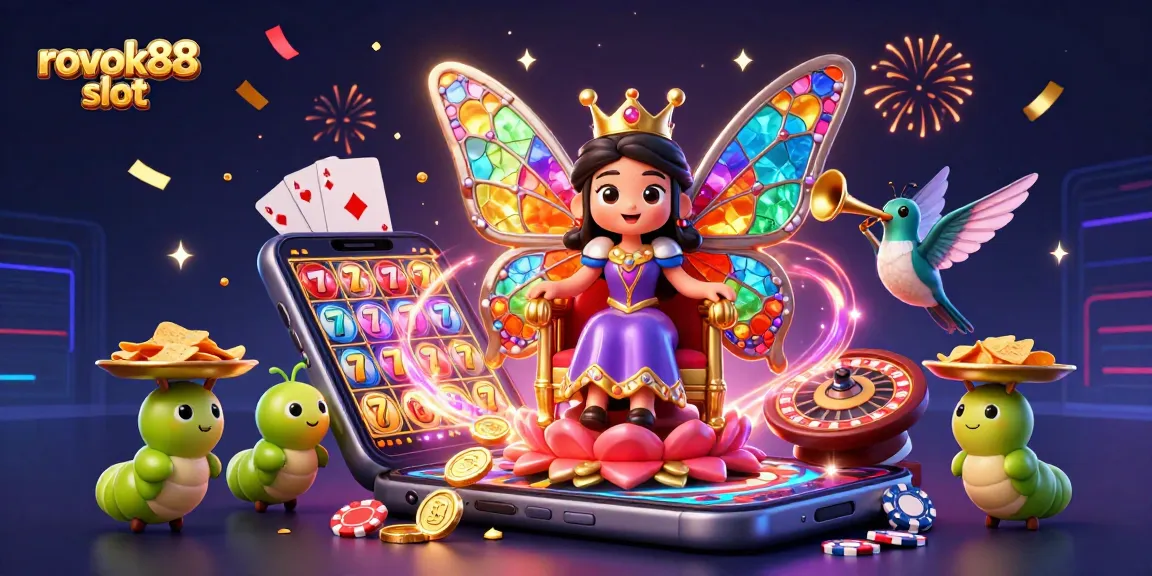 Spin to win with rokok88 slot in a vibrant fantasy scene featuring a butterfly queen and casino elements.