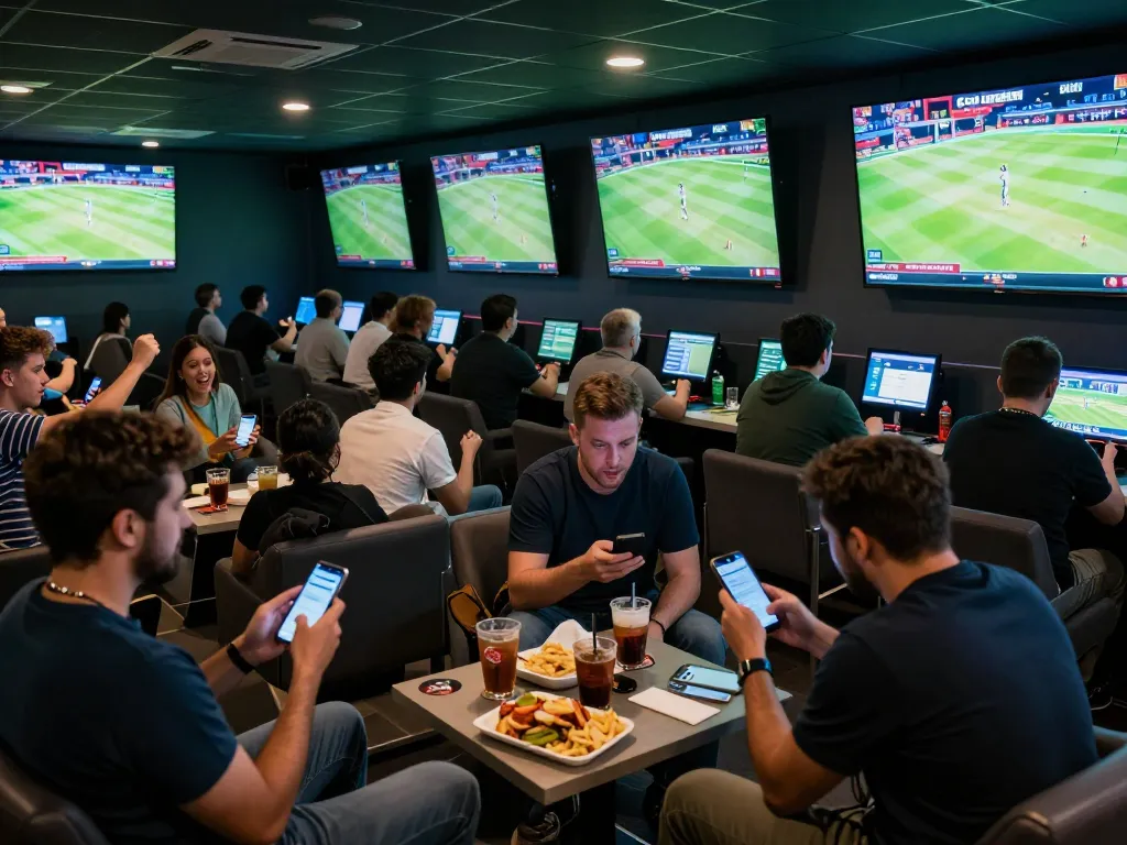 Fans engaging in intense sports betting while enjoying live cricket matches at Crickexfit