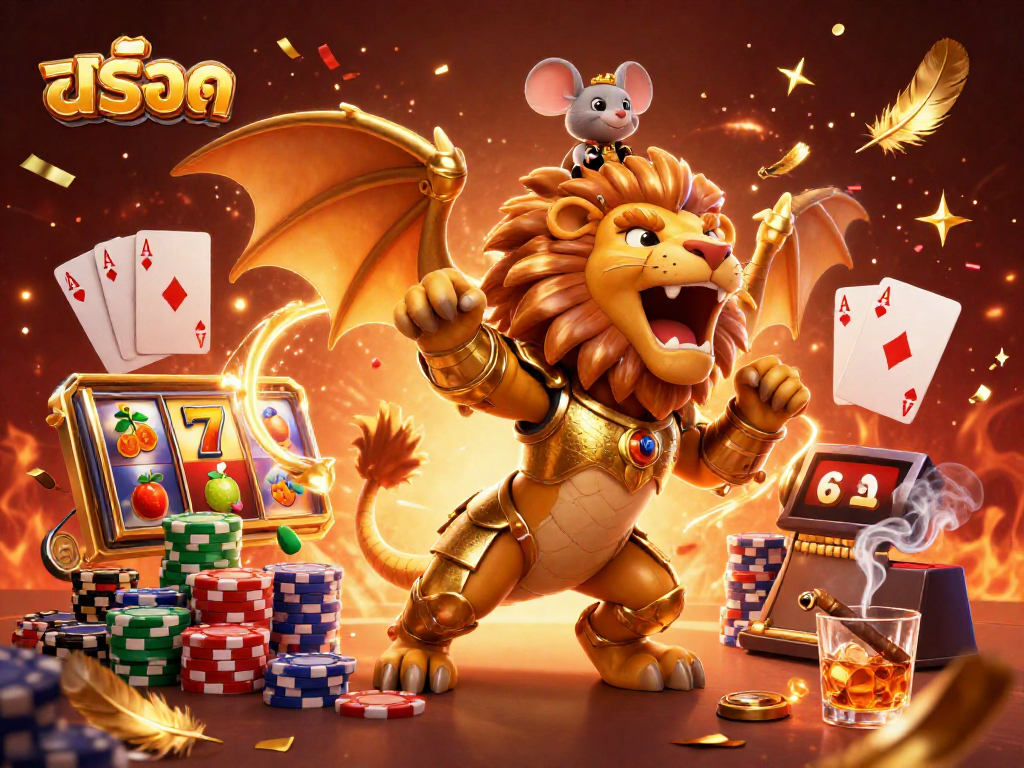 Explore engaging slot gameplay with สล็อต in vibrant 3D illustration featuring chimera and dynamic casino elements.