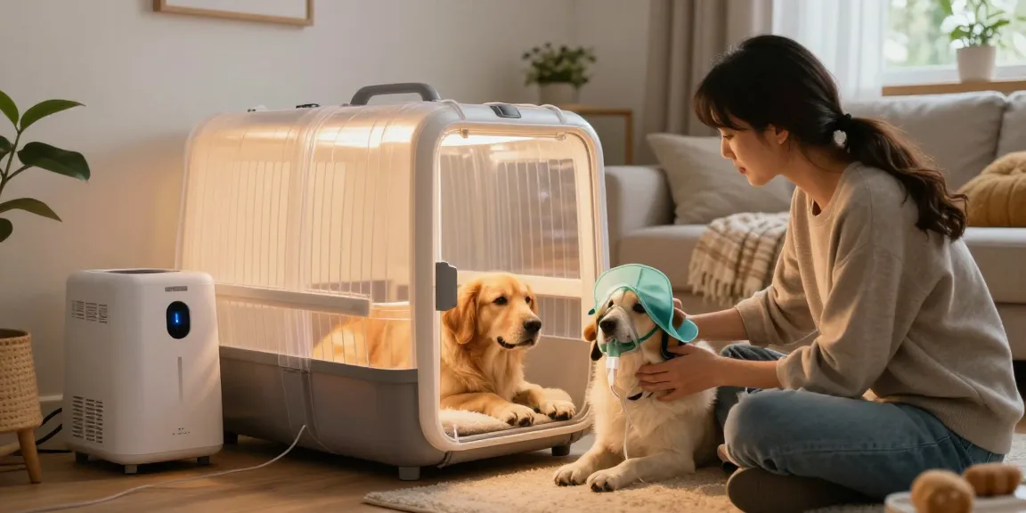 A caring pet owner helps their dog breathe better with PetAir's oxygen therapy services at https://www.petair.hk/en/ in a soothing home environment.