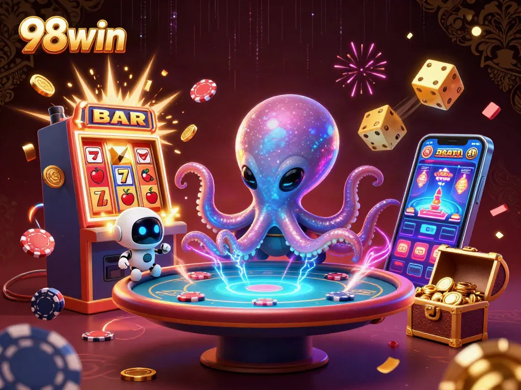 Join the excitement of 98win with alien characters celebrating a jackpot at a cosmic casino.