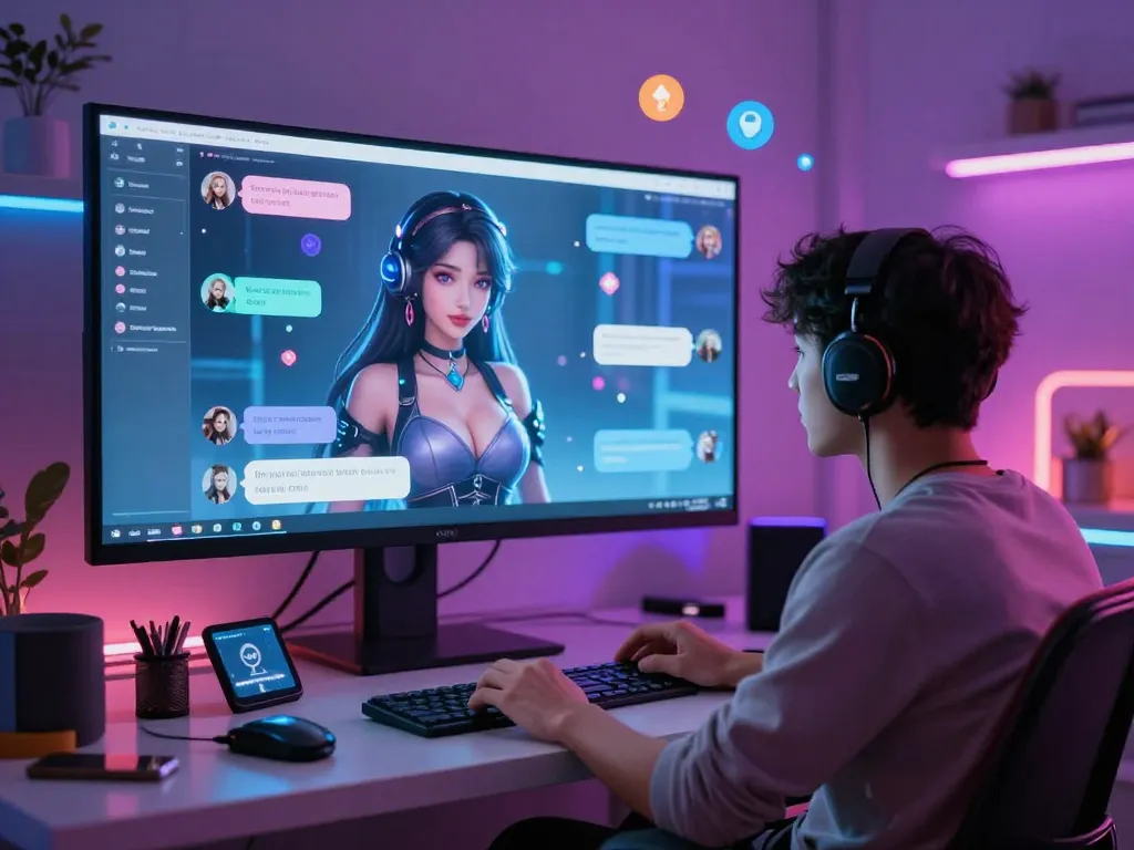 AI chat porn experience with a user engaging with holographic characters in a futuristic workspace