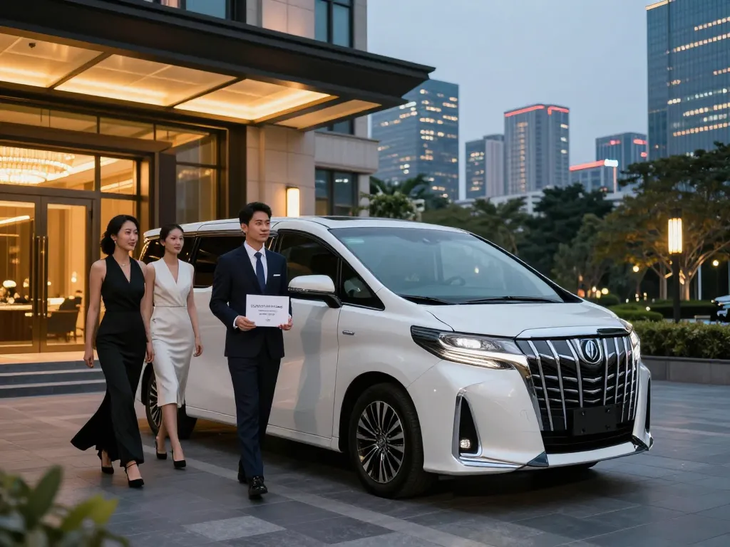 Cho thuê xe Alphard với tài xế chuyên nghiệp chào đón khách hàng tại khách sạn năm sao.