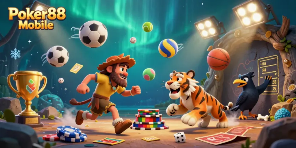 Experience exciting Poker88 Mobile gameplay with a dynamic prehistoric casino scene featuring unique characters.