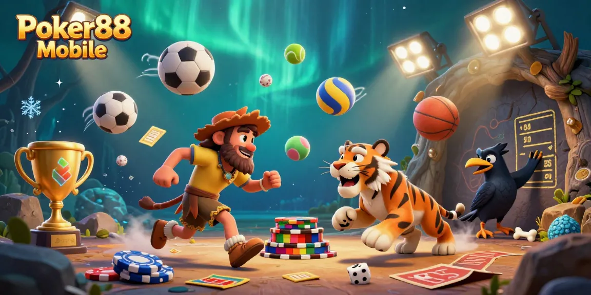 Experience exciting Poker88 Mobile gameplay with a dynamic prehistoric casino scene featuring unique characters.