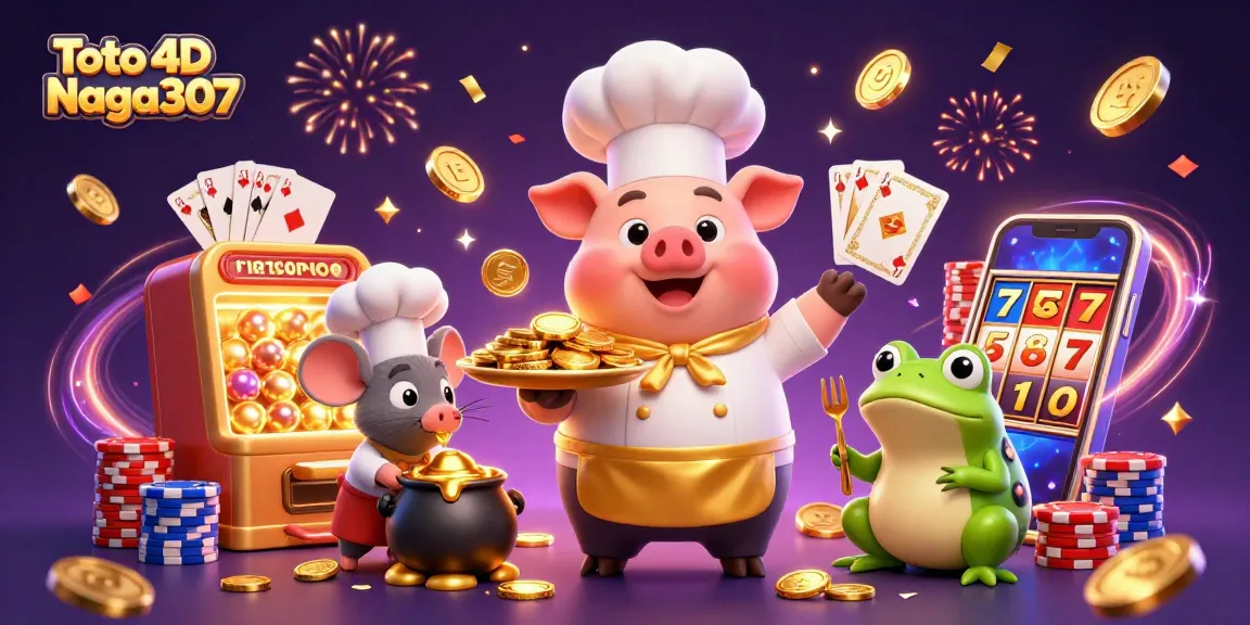 Toto 4D Naga307 brings the excitement of gambling to life with a chef pig serving gold coins and festive elements.