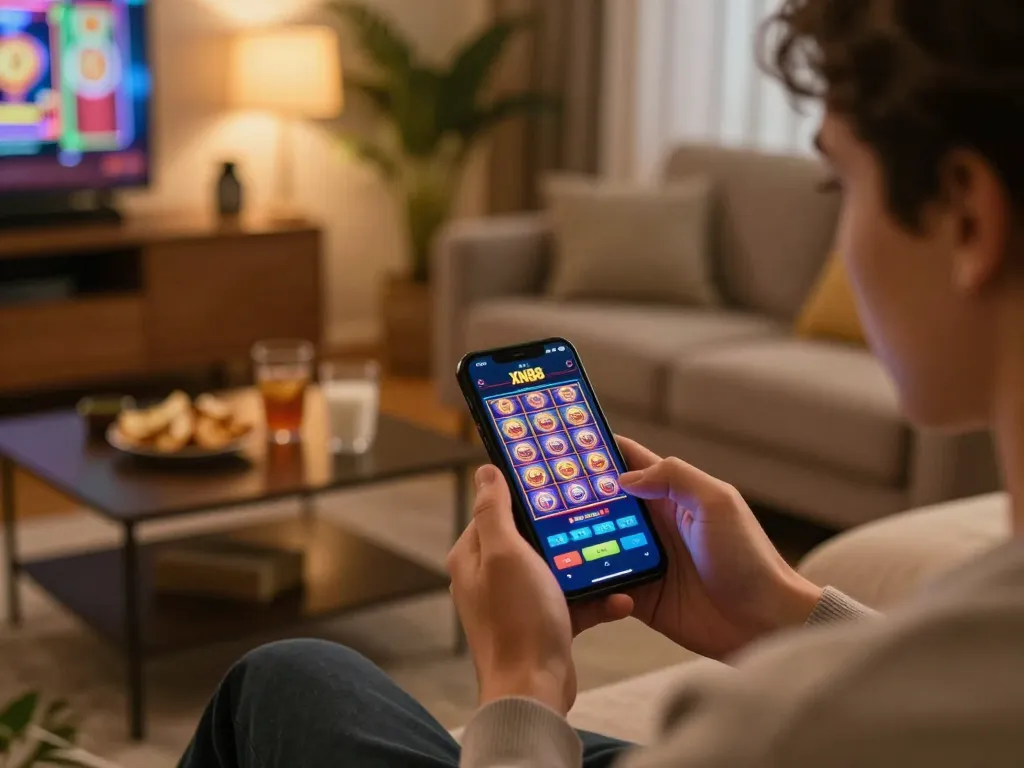 Player enjoying XN88 mobile gaming with vibrant graphics, cozy home setting.