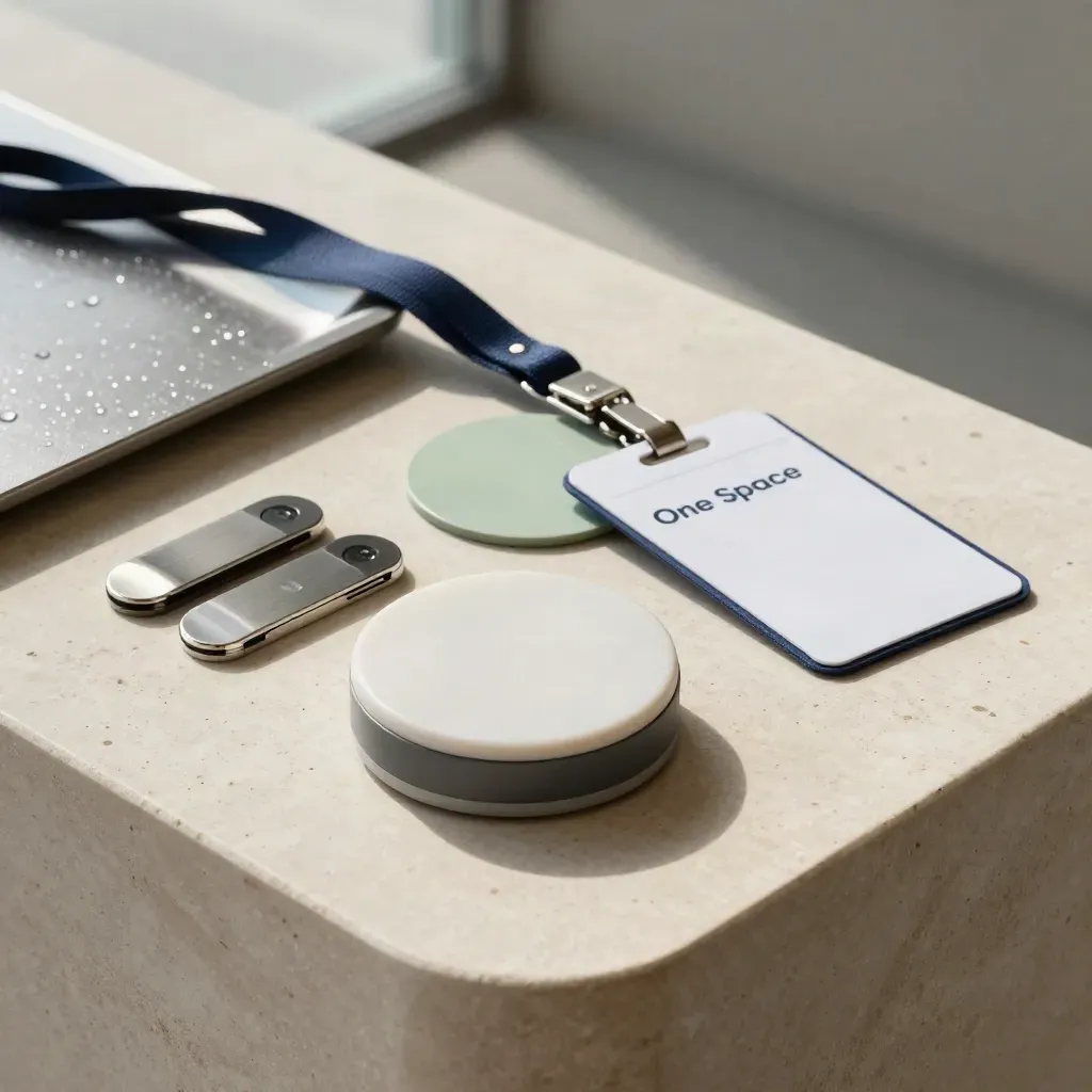 Desk booking puck, RFID fobs, room marker and visitor badge on pale stone in bright morning haze.