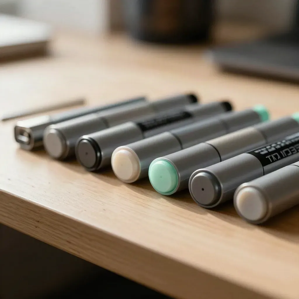 Desk markers, seat beacons, and a slim hallway clip on pale wood with soft mint highlights.