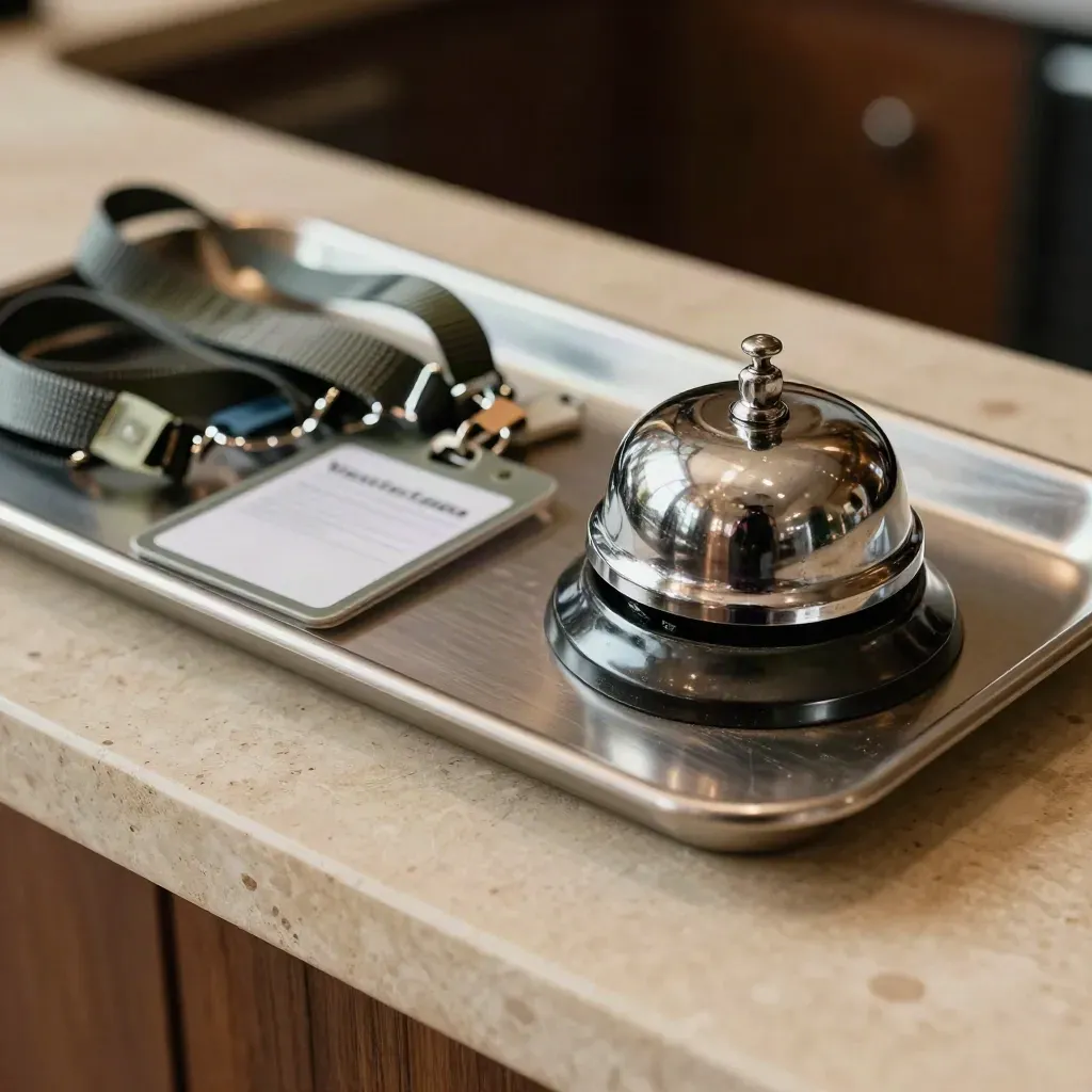 Macro still life of reception badge tray, chrome bell, visitor lanyards and stamp base on stone