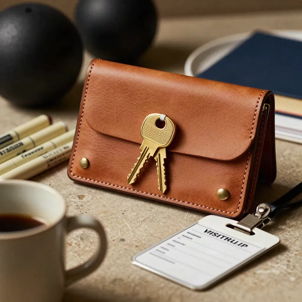 Leather organizer, brass key, blank markers and badge clip on warm stone in dramatic studio light.