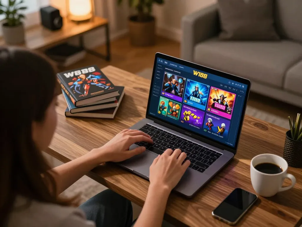 Person engaging with W188 online casino interface, showcasing strategic gameplay in a cozy home environment